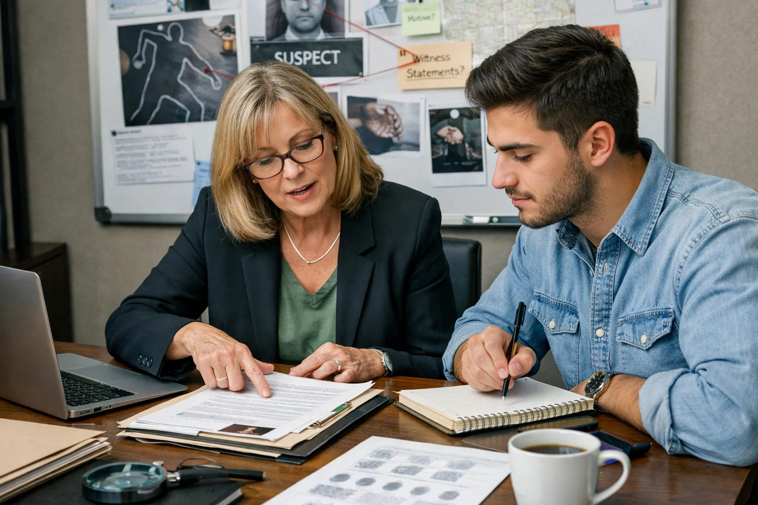 Estudiante colaborando con psicóloga forense en el análisis de un caso en Bilbao