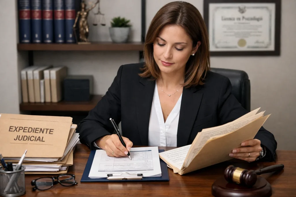 psicólogo forense elaborando informe pericial psicológico para juicio